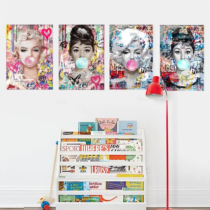 Hepburn Poster Print Pictures Marilyn Monroe Chewing Gum Street Art Pop Art Canvas Painting Home Decor Women Room Wall Art Mural
