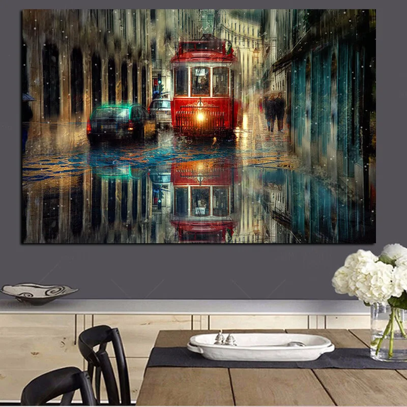 Large Retro Tram Rain City Street Oil Painting Graphic Artwork Canvas Poster and Print Cuadros Wall Art Pictures For Living Room