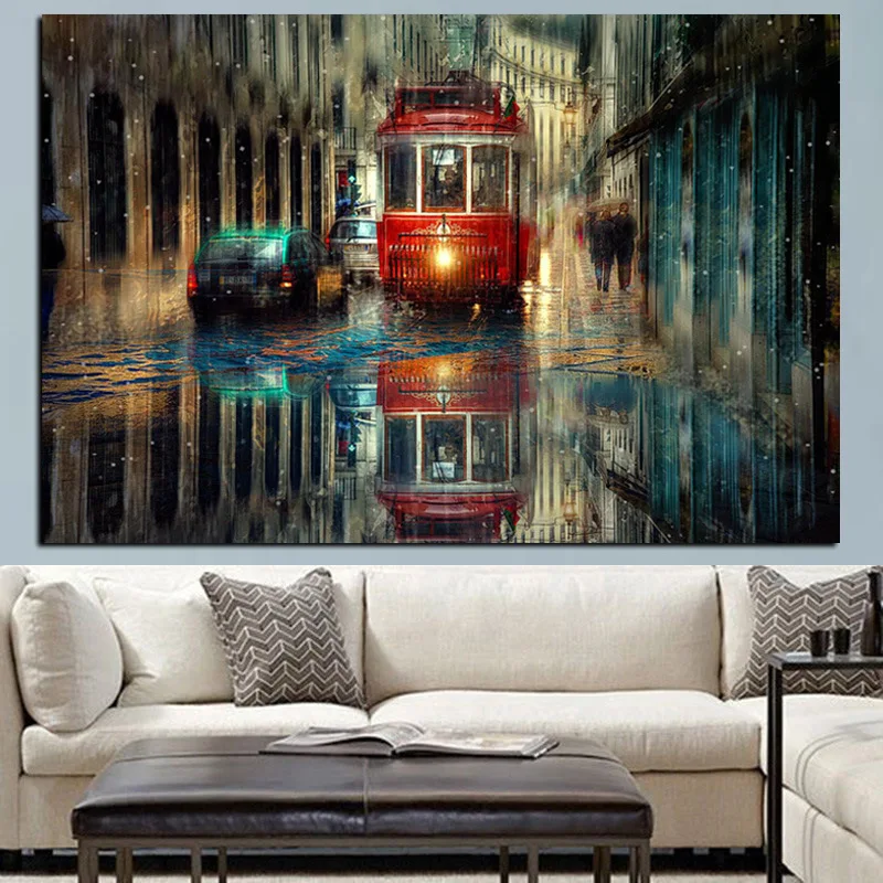 Large Retro Tram Rain City Street Oil Painting Graphic Artwork Canvas Poster and Print Cuadros Wall Art Pictures For Living Room