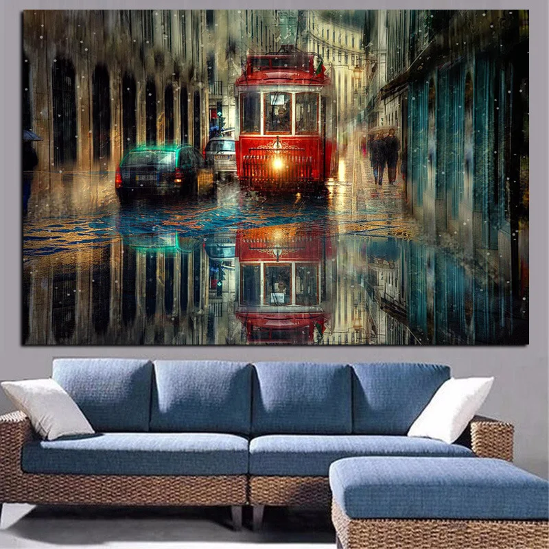 Large Retro Tram Rain City Street Oil Painting Graphic Artwork Canvas Poster and Print Cuadros Wall Art Pictures For Living Room