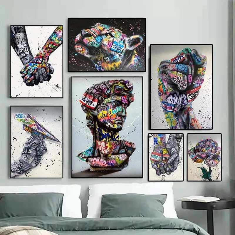 Banksy Graffiti Art David Hand in Hand Posters Prints Abstract Pop Art Canvas Painting Wall Pictures for Living Room Home Decor