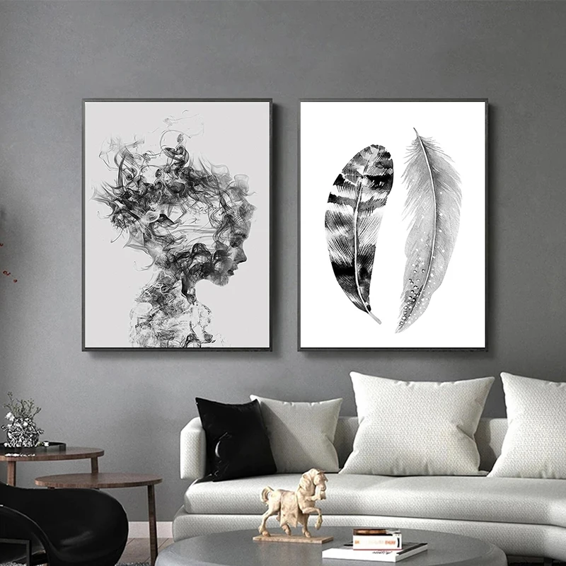 Black White Abstract Feather Poster Printing Canvas Painting Modern Nordic Wall Art Pictures for Living Room Home Decoration