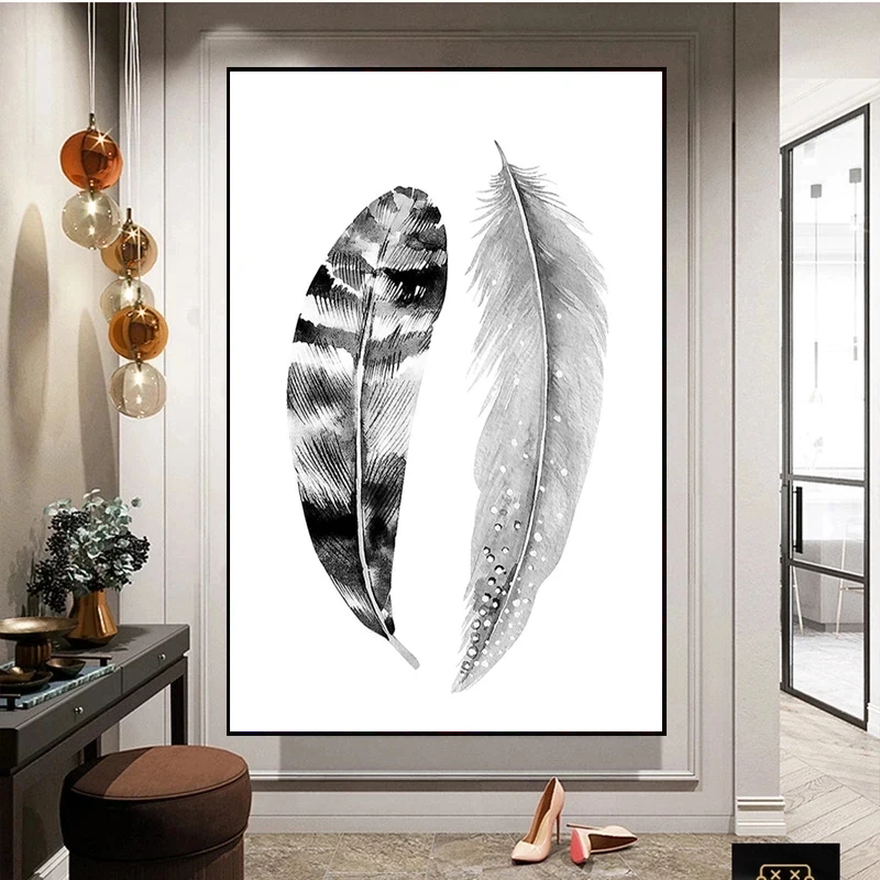 Black White Abstract Feather Poster Printing Canvas Painting Modern Nordic Wall Art Pictures for Living Room Home Decoration