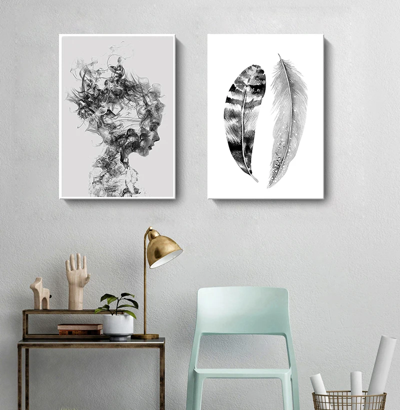Black White Abstract Feather Poster Printing Canvas Painting Modern Nordic Wall Art Pictures for Living Room Home Decoration