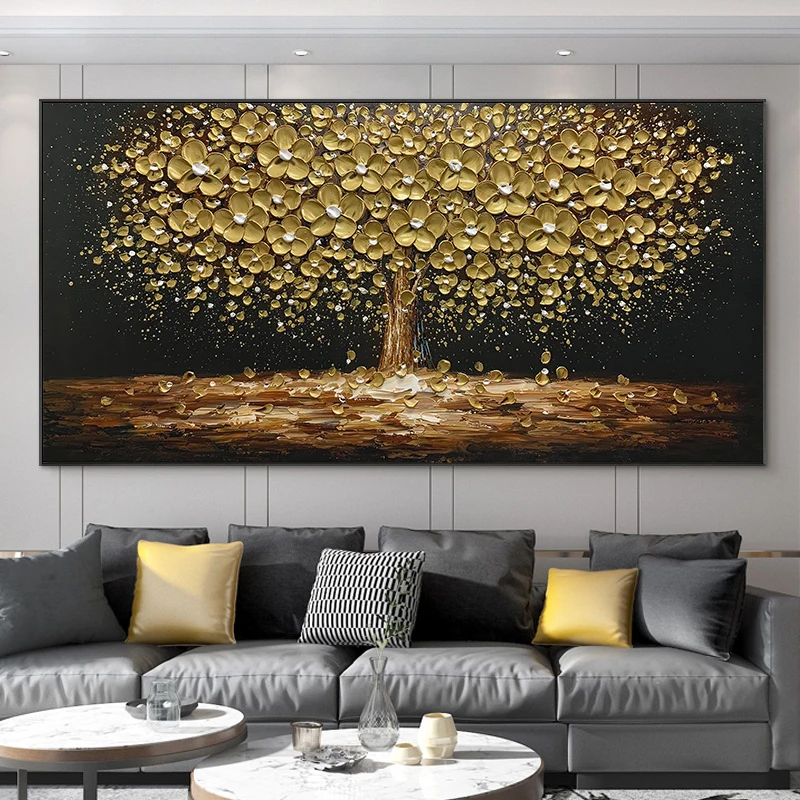 Abstract Leaves Oil Painting Print On Canvas Texture Golden and Silver Trees Wall Art Modern Home Decor Living Room Wall Decor