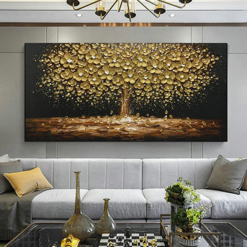 Abstract Leaves Oil Painting Print On Canvas Texture Golden and Silver Trees Wall Art Modern Home Decor Living Room Wall Decor