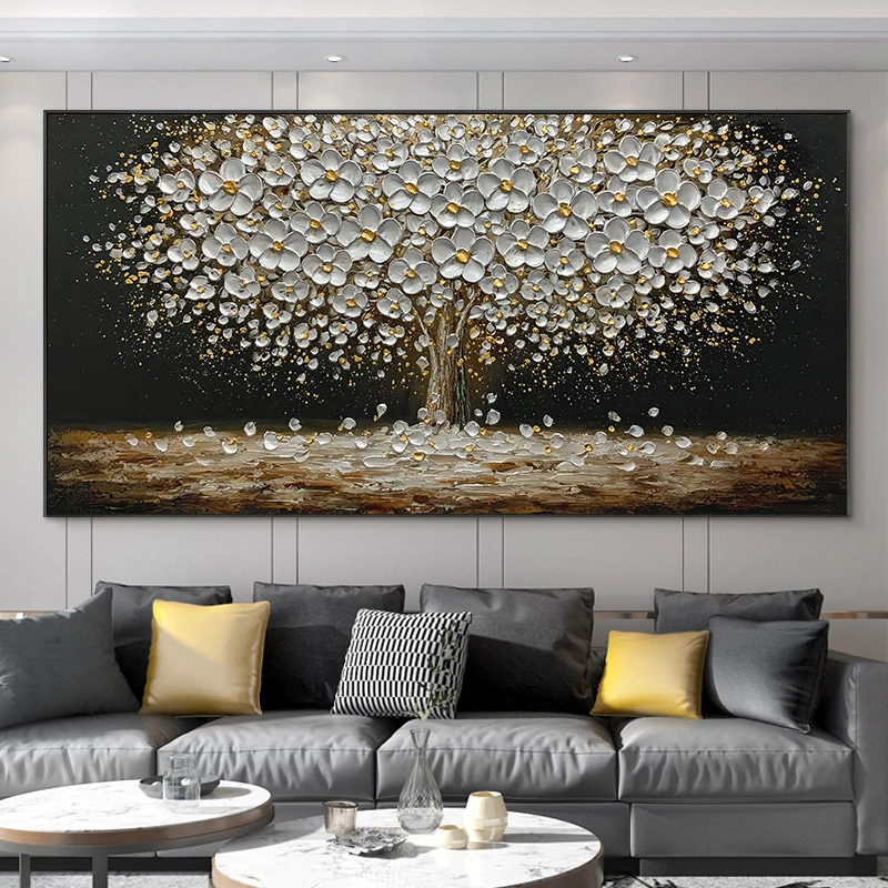 Abstract Leaves Oil Painting Print On Canvas Texture Golden and Silver Trees Wall Art Modern Home Decor Living Room Wall Decor