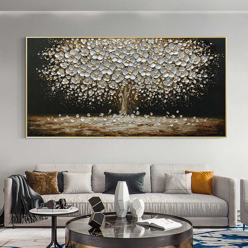 Abstract Leaves Oil Painting Print On Canvas Texture Golden and Silver Trees Wall Art Modern Home Decor Living Room Wall Decor