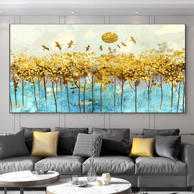 Abstract Leaves Oil Painting Print On Canvas Texture Golden and Silver Trees Wall Art Modern Home Decor Living Room Wall Decor