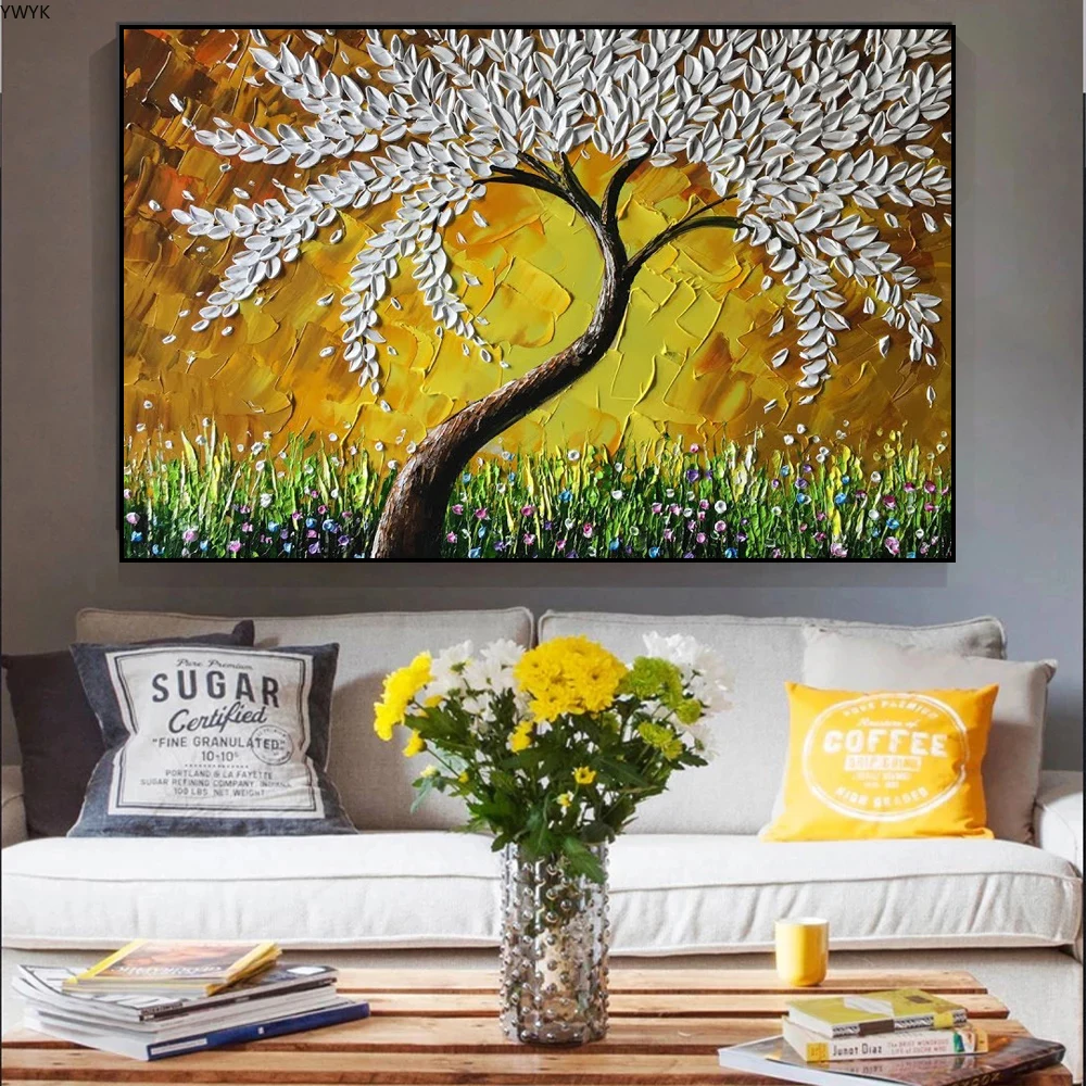 Nordic Landscape White Leaf Tree Oil Painting on Canvas Wall Pictures for Living Room Wall Art Posters Prints Home Cuadros Decor