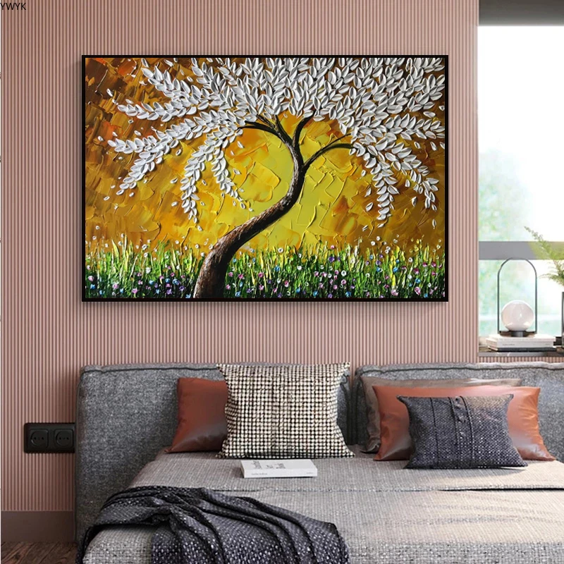 Nordic Landscape White Leaf Tree Oil Painting on Canvas Wall Pictures for Living Room Wall Art Posters Prints Home Cuadros Decor