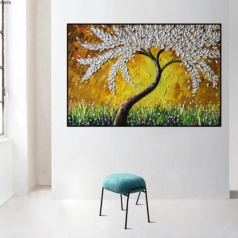 Nordic Landscape White Leaf Tree Oil Painting on Canvas Wall Pictures for Living Room Wall Art Posters Prints Home Cuadros Decor