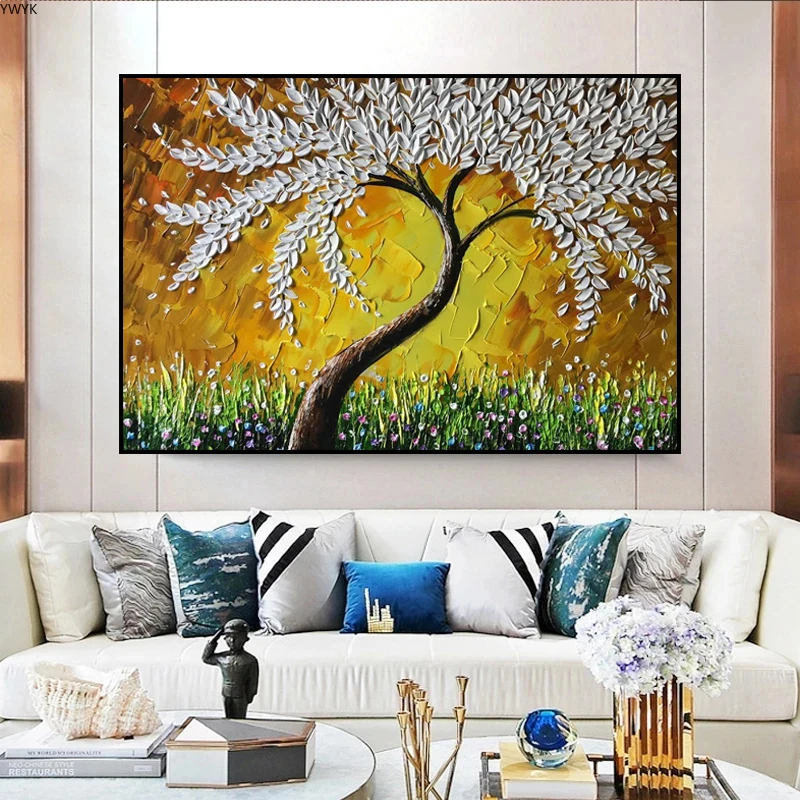 Nordic Landscape White Leaf Tree Oil Painting on Canvas Wall Pictures for Living Room Wall Art Posters Prints Home Cuadros Decor