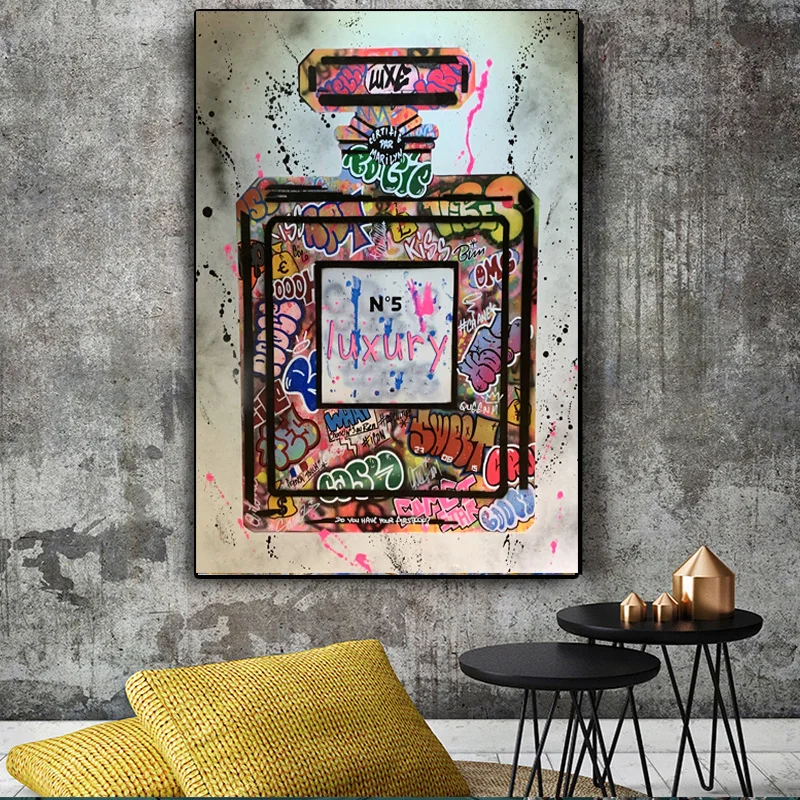 Modern Perfume Bottle Graffiti Canvas Painting Fashion Wall Art Poster and Prints Luxury Artwork Pictures for Room Decor Cuadros