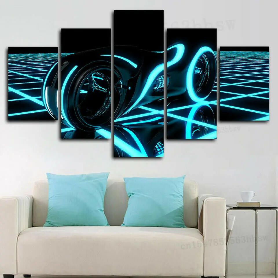 Tron Legacy Light Cycle Chase 5 Panel Canvas Print Wall Art Poster Home Decor HD Print 5 Piece Pictures No Framed Room Decor