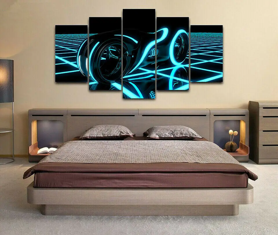 Tron Legacy Light Cycle Chase 5 Panel Canvas Print Wall Art Poster Home Decor HD Print 5 Piece Pictures No Framed Room Decor