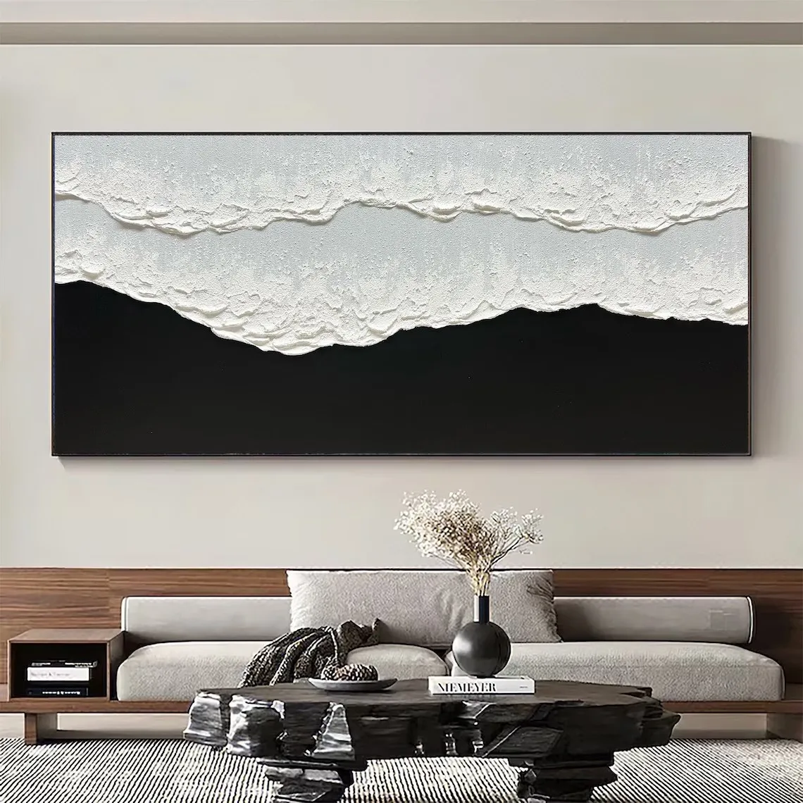 Large Black And White Abstract Waves Poster 3D Textured Flat Wall Art Pictures Canvas Painting Modern Living Room Home Decor