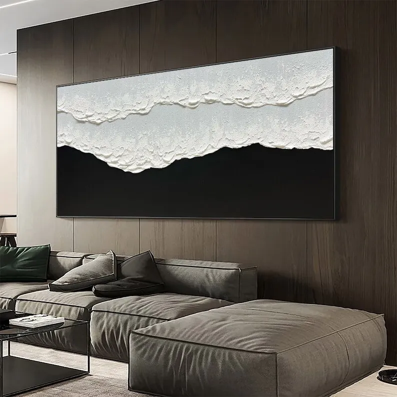 Large Black And White Abstract Waves Poster 3D Textured Flat Wall Art Pictures Canvas Painting Modern Living Room Home Decor