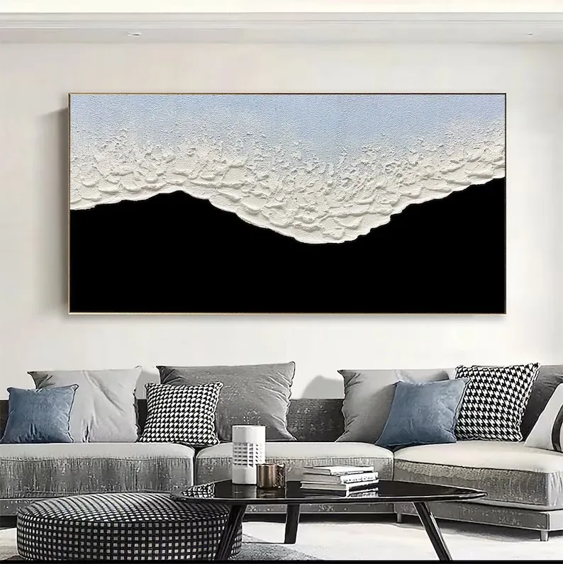 Large Black And White Abstract Waves Poster 3D Textured Flat Wall Art Pictures Canvas Painting Modern Living Room Home Decor