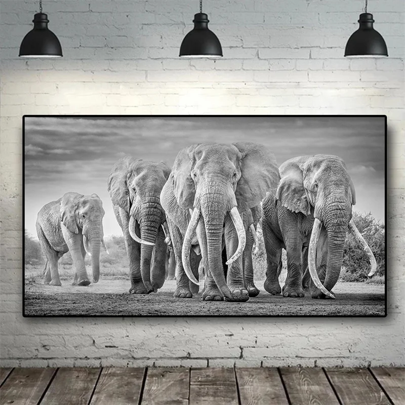 Large Size Modern Elephant Herd Canvas Painting Animals Posters and Prints Black White Wall Picture for Living Room Decoration