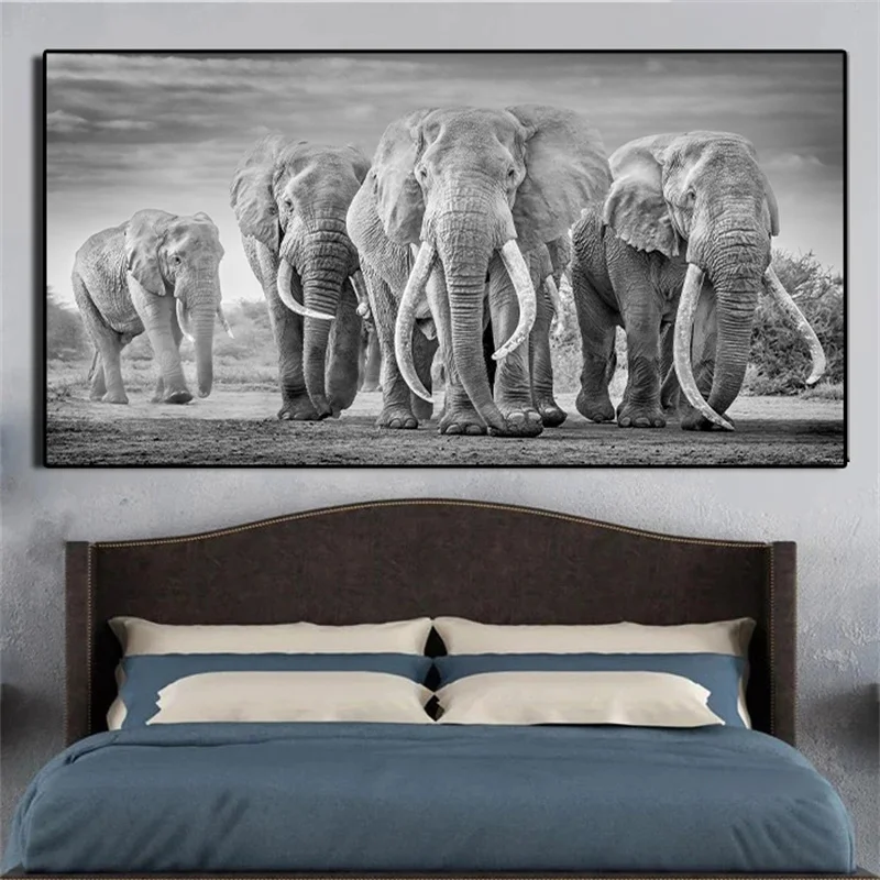 Large Size Modern Elephant Herd Canvas Painting Animals Posters and Prints Black White Wall Picture for Living Room Decoration