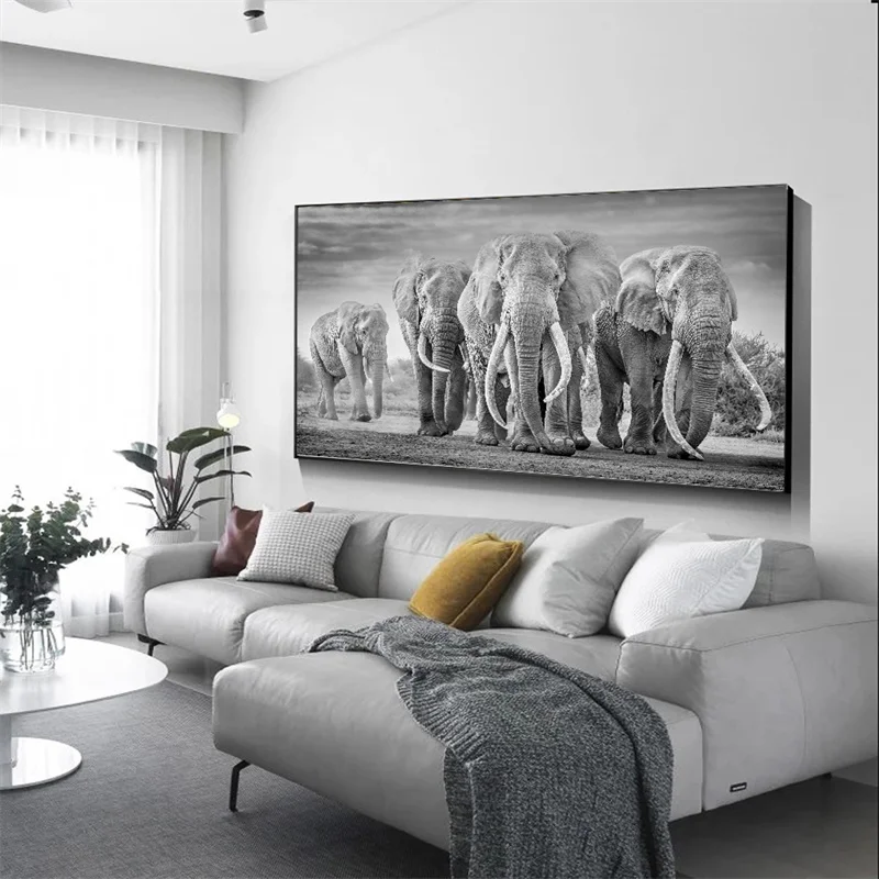 Large Size Modern Elephant Herd Canvas Painting Animals Posters and Prints Black White Wall Picture for Living Room Decoration