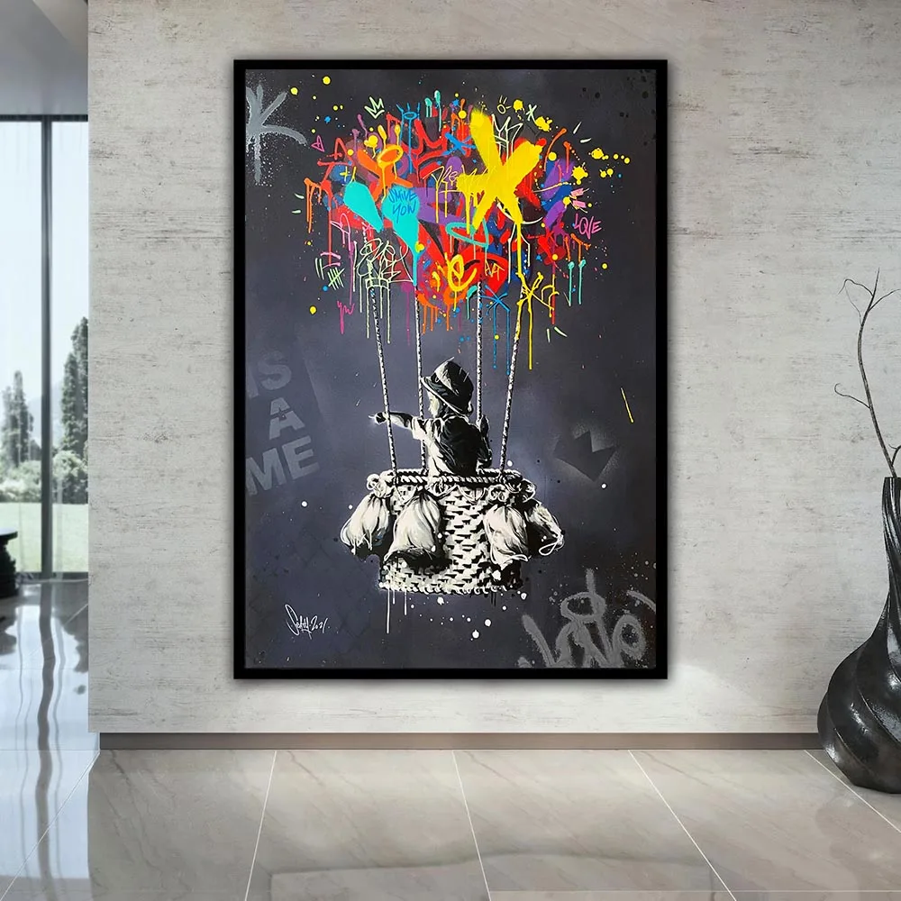 Banksy Graffiti Art Far Away Canvas Painting Pop Street Poster and Prints Wall Art Boy Dreaming Painting Home Decor Cuadro Mural