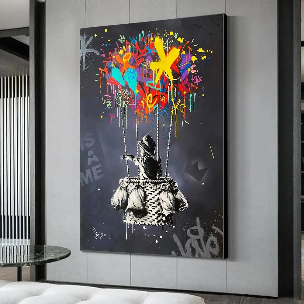 Banksy Graffiti Art Far Away Canvas Painting Pop Street Poster and Prints Wall Art Boy Dreaming Painting Home Decor Cuadro Mural