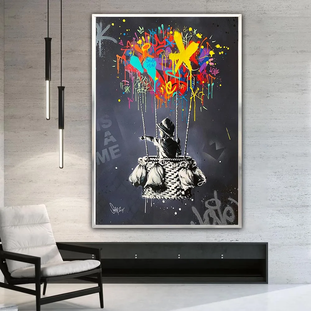 Banksy Graffiti Art Far Away Canvas Painting Pop Street Poster and Prints Wall Art Boy Dreaming Painting Home Decor Cuadro Mural