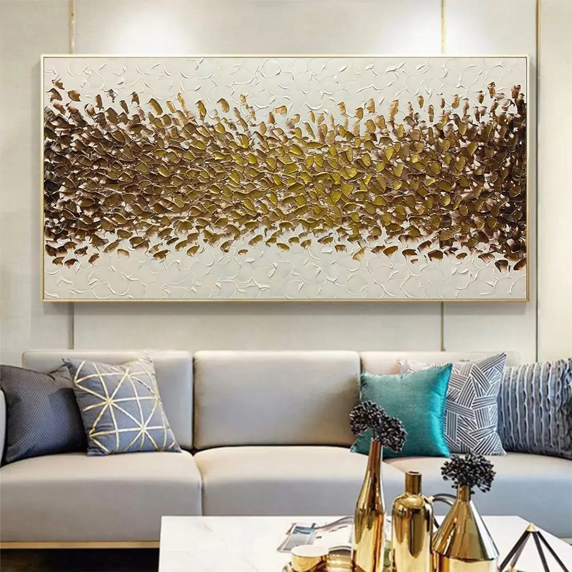 Abstract Oil Painting Handmade on Canvas Textured Boho Wall Art Golden Acrylic Painting Modern Living Room Home Decor