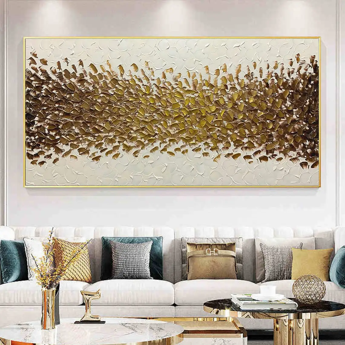 Abstract Oil Painting Handmade on Canvas Textured Boho Wall Art Golden Acrylic Painting Modern Living Room Home Decor