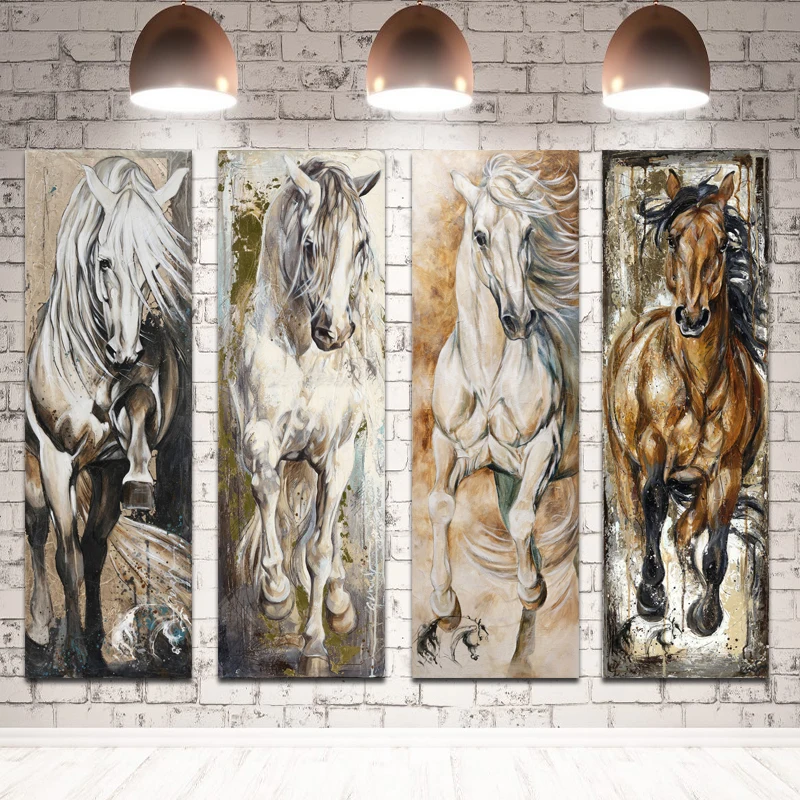 Horse Oil Paintings on Canvas Wall Art Posters and Prints Large Size Animals Cuadros Pictures for Living Room Decor 4 Panels