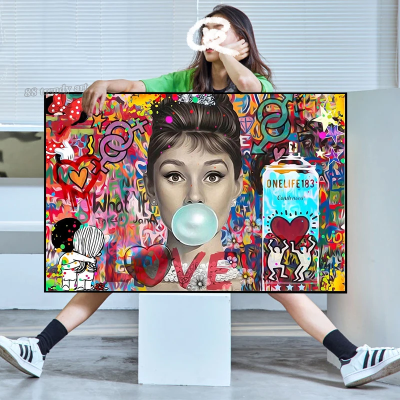 Movie Star Audrey Hepburn Pop Graffiti Art Canvas Painting Posters and Print Love Street Art Picture Home Living Room Wall Decor