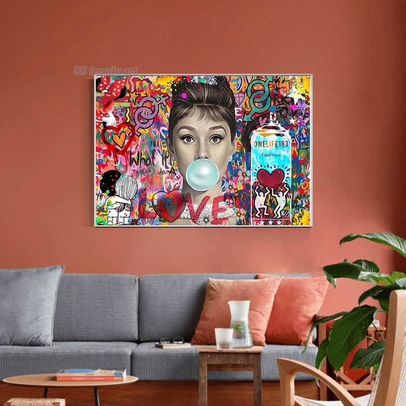 Movie Star Audrey Hepburn Pop Graffiti Art Canvas Painting Posters and Print Love Street Art Picture Home Living Room Wall Decor