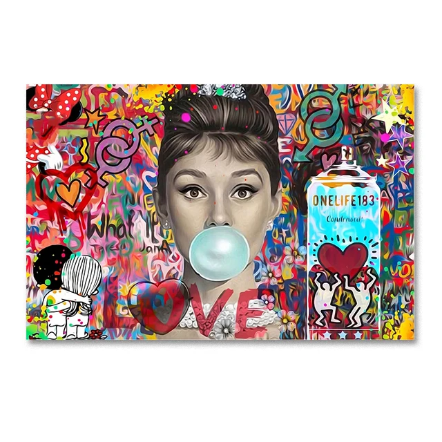 Movie Star Audrey Hepburn Pop Graffiti Art Canvas Painting Posters and Print Love Street Art Picture Home Living Room Wall Decor