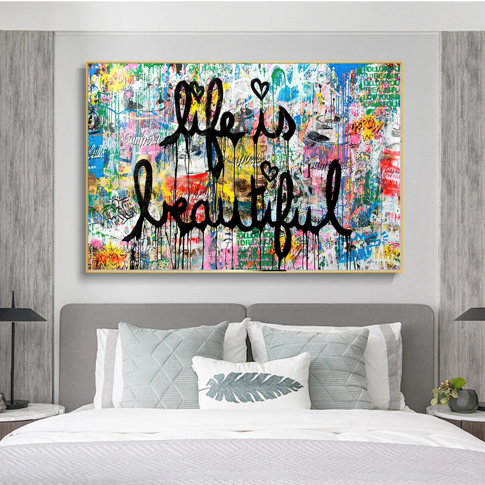Life is Beautiful Graffiti Art Canvas Paintings on the Wall Art Posters and Prints Abstract Street Pictures Home Décor