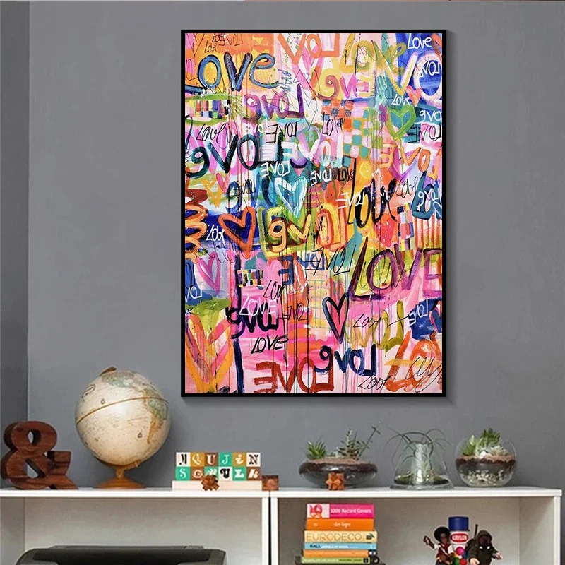 Many Colorful Love Hearts Graffiti Art Canvas Paintings Posters and Print Pink Wall Art Pictures Living Room Home Cuadros Decor