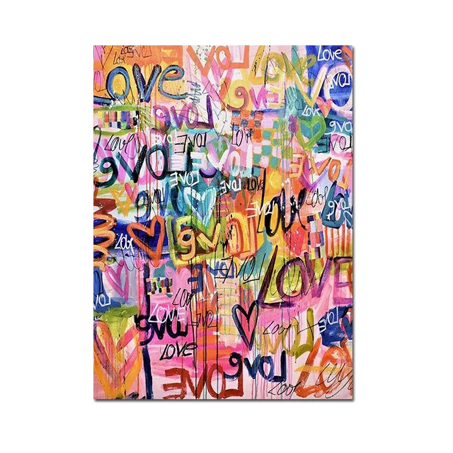 Many Colorful Love Hearts Graffiti Art Canvas Paintings Posters and Print Pink Wall Art Pictures Living Room Home Cuadros Decor