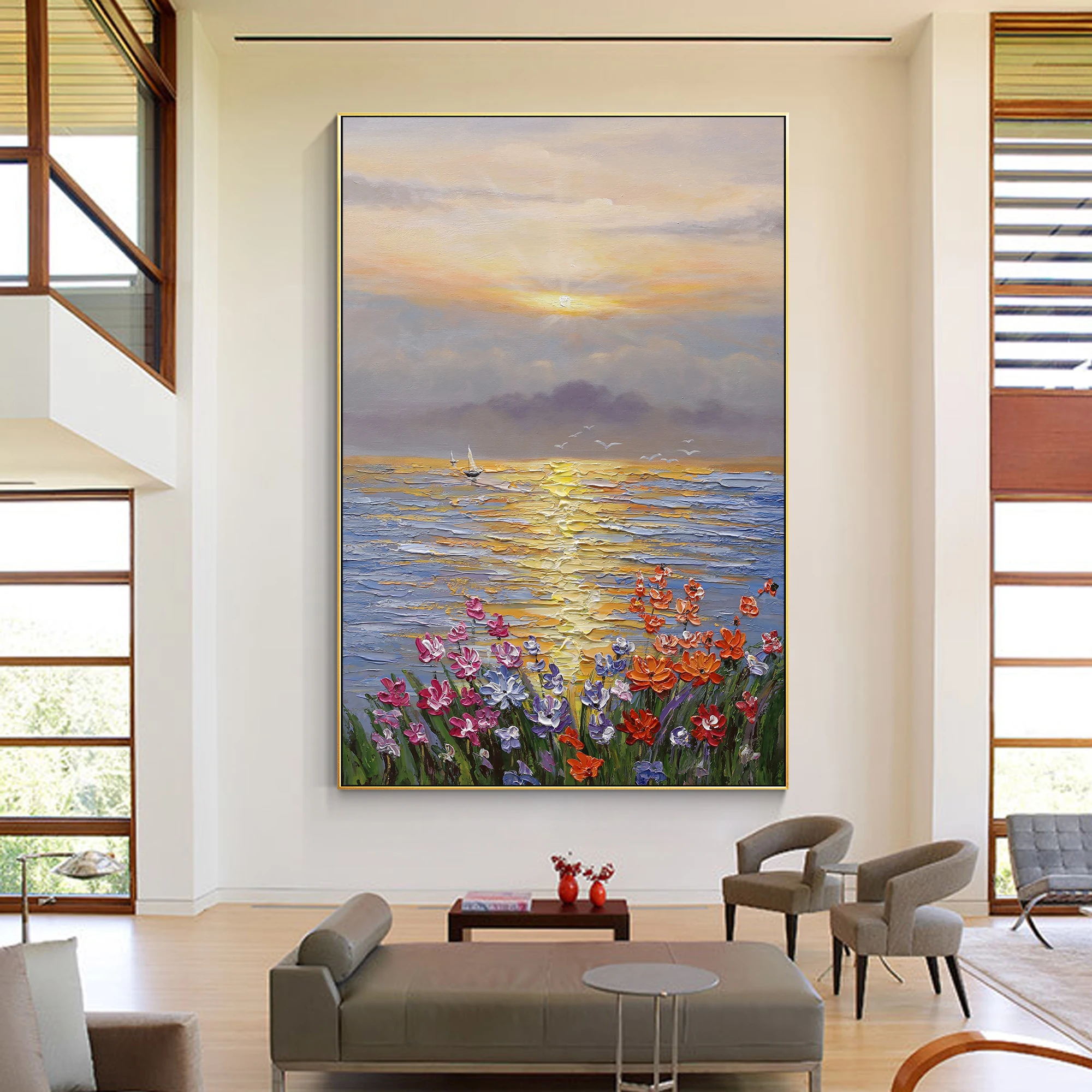 Handmade Flowers Seascape Sunrise Landscape Oil Painting On Canvas, Seascape Wall Art Home Décor