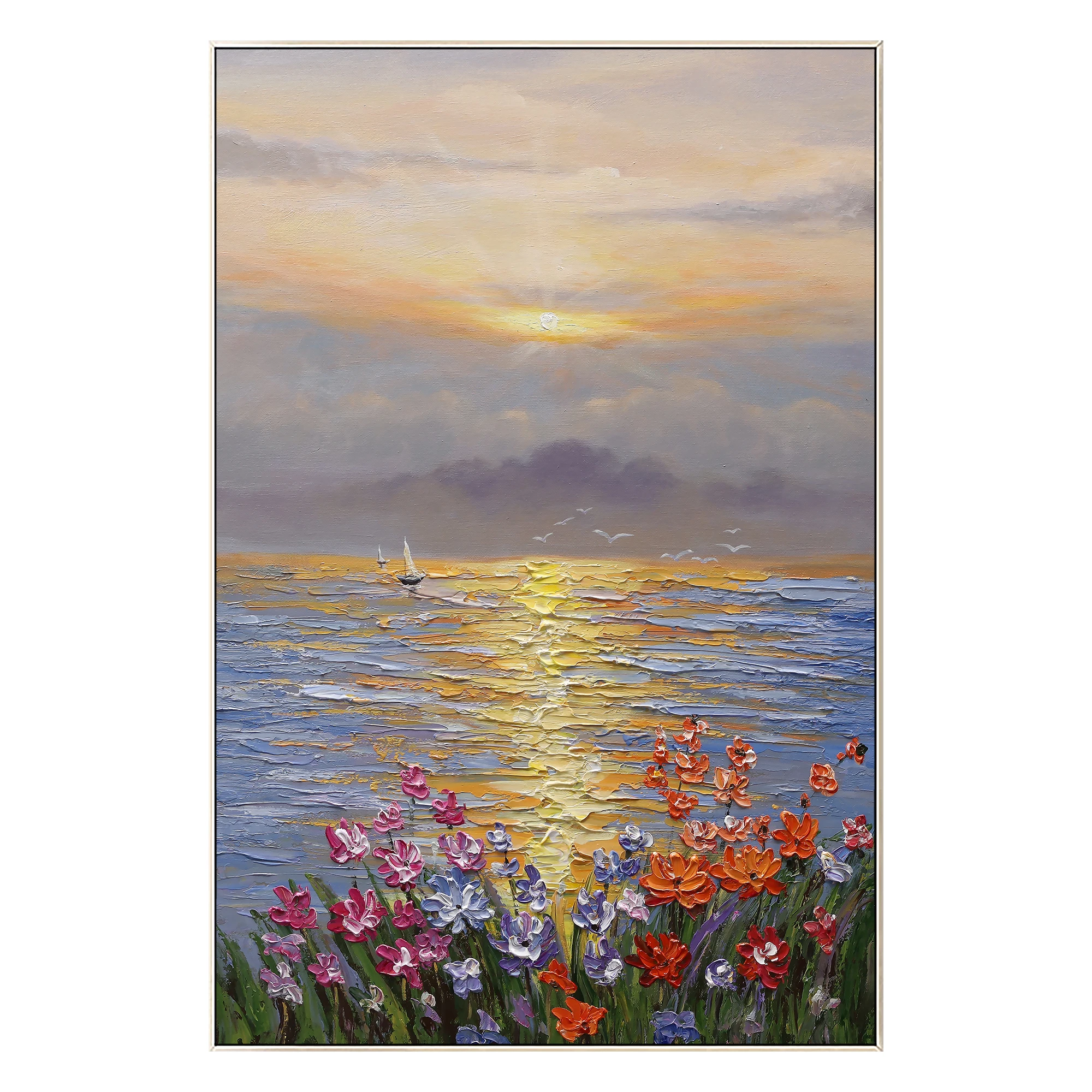 Handmade Flowers Seascape Sunrise Landscape Oil Painting On Canvas, Seascape Wall Art Home Décor
