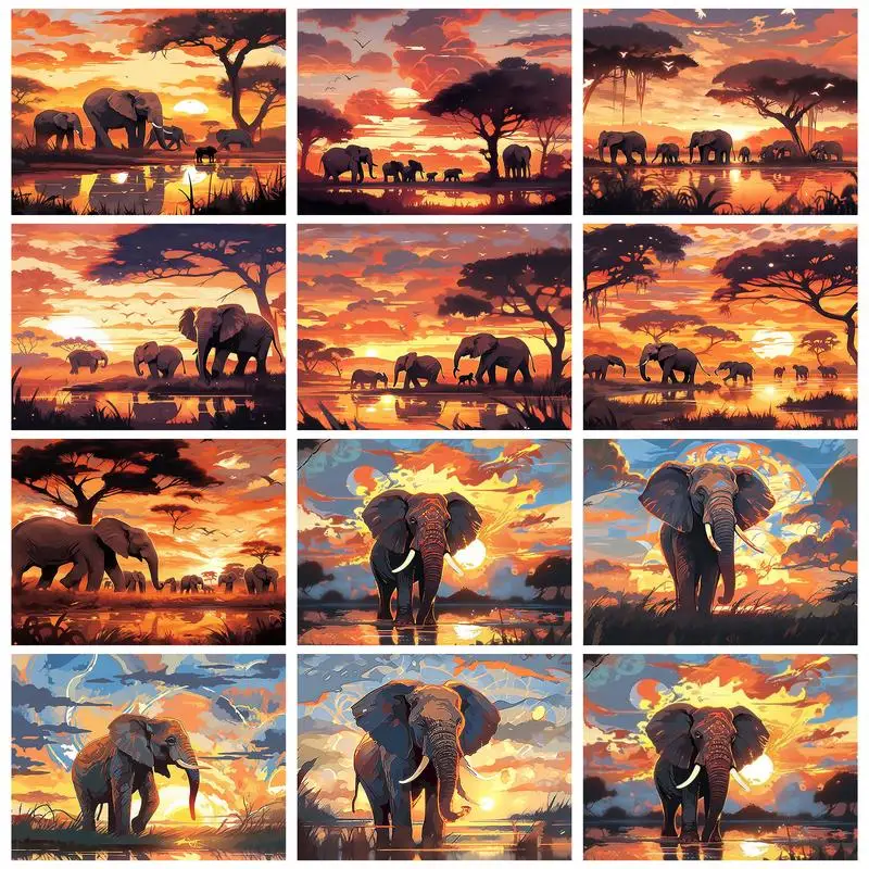 RUOPOTY Painting By Numbers For African Sunset Elephant Animal Picture Drawing Personalized gift