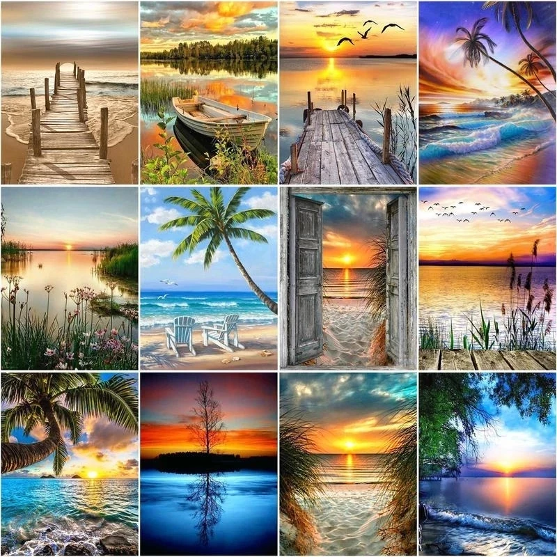 CHENISTORY Acrylic Diy Painting By Numbers Beach Seascape Acrylic Paint On Canvas Draw Coloring By Numbers For Diy Gift