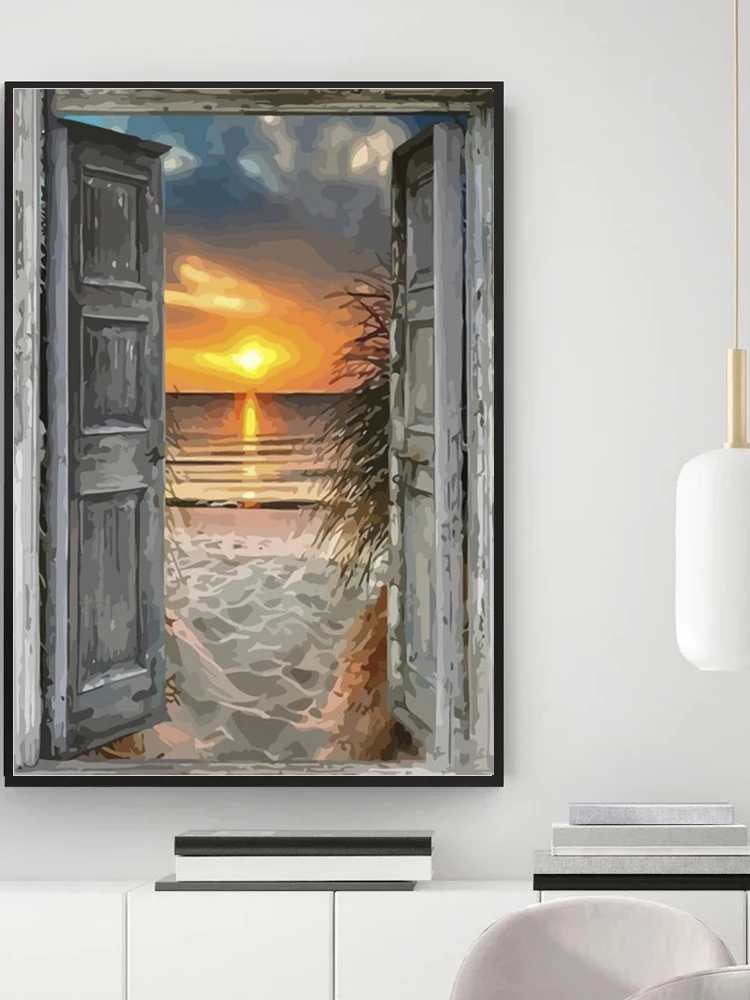 CHENISTORY Acrylic Diy Painting By Numbers Beach Seascape Acrylic Paint On Canvas Draw Coloring By Numbers For Diy Gift