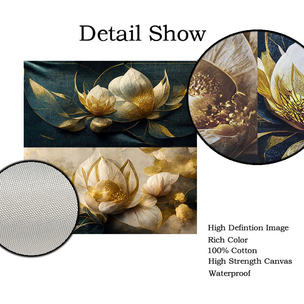 Green Gold Lotus Flower Wall Art Poster Print Canvas Painting Elegant Luxury Plants Floral Picture Living Room Home Decor Cuadro