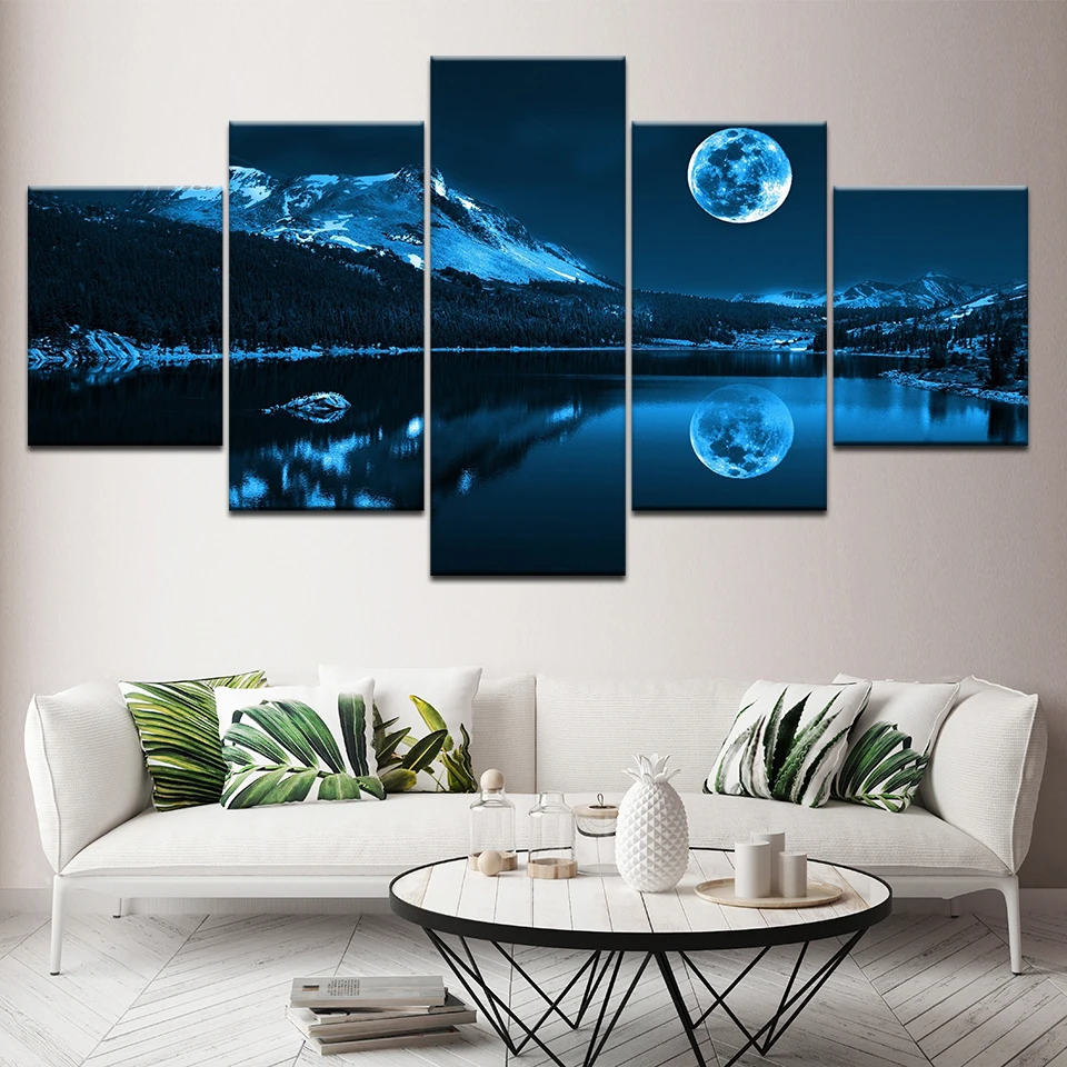 5 Panels Canvas Art Wall Landscape Abstract Blue Moon Night Scene Home Decor Paintings Picture Print Modern Living Room Artwork