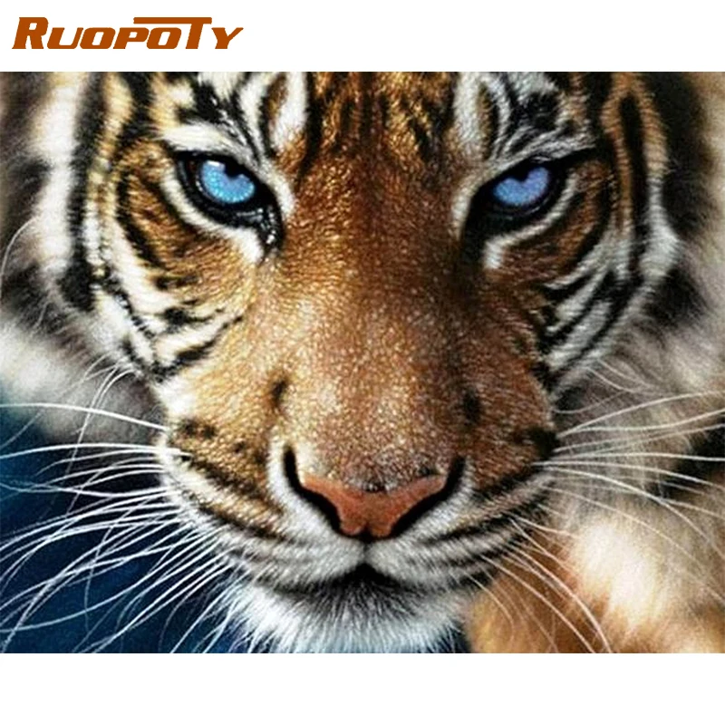 RUOPOTY Frame DIY Painting By Numbers Tiger Animals Picture By Numbers Handpainted Oil Painting For Home Decors Wall Art Picture
