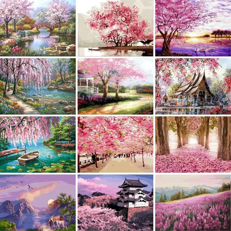 GATYZTORY Sakura Road Scenery DIY oil Painting By Numbers Kits abstract paint by numbers Picture On Canvas For Wall Art PictureP
