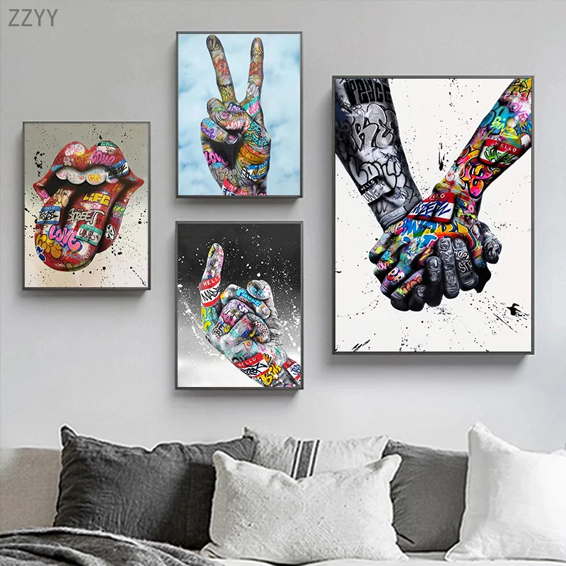 Modern Hand Gesture Graffiti Canvas Painting Street Pop Art Poster and Print Cuadros Wall Art for Livijg Room Home Decor Picture