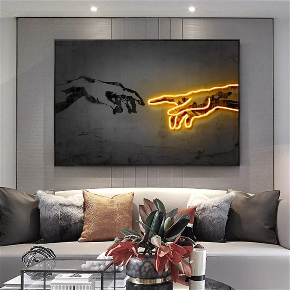 Classical Hand Of God Neon Wall Art Canvas Painting Creation of Adam HD Prints Neon Lights Modern Posters Pictures Home Decor