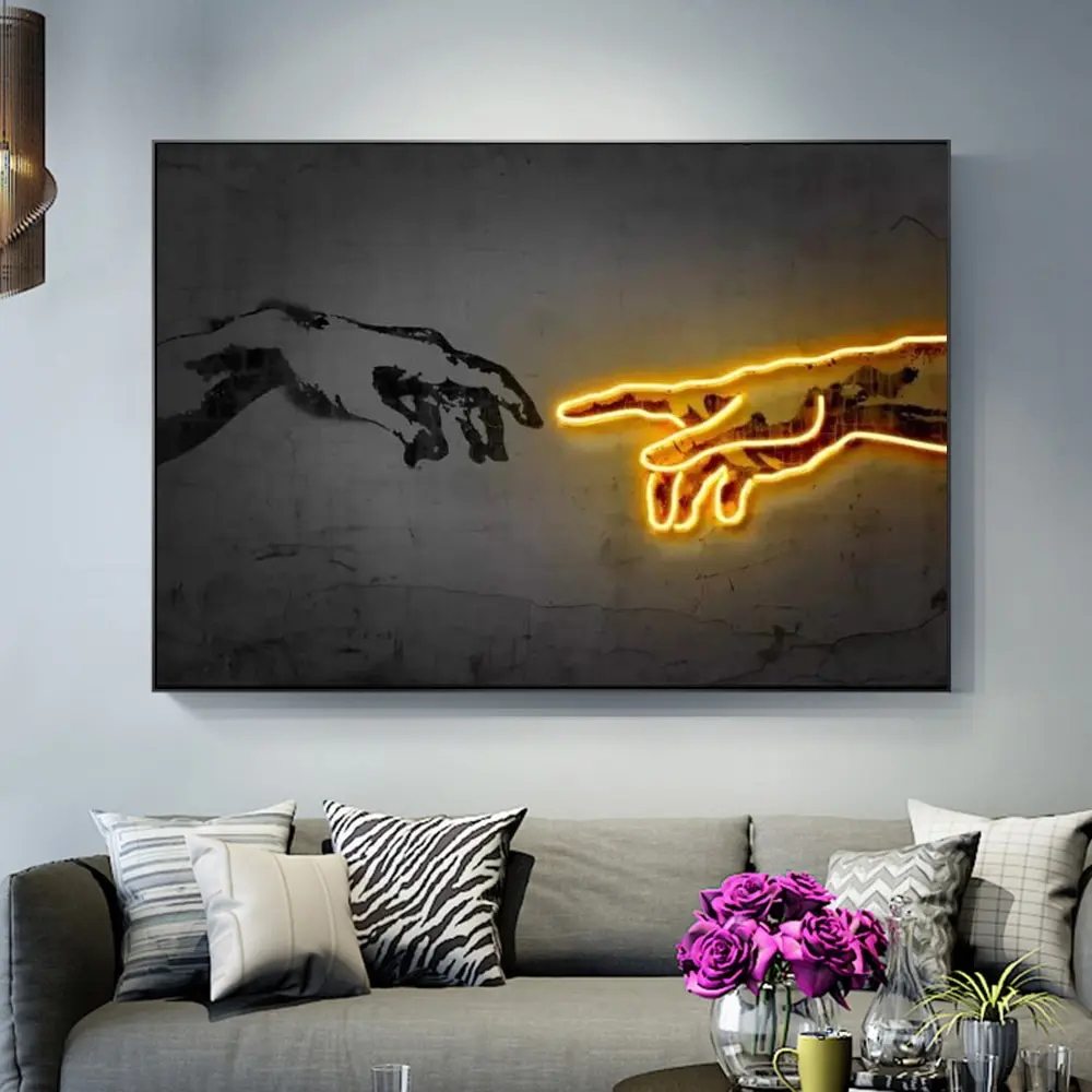 Classical Hand Of God Neon Wall Art Canvas Painting Creation of Adam HD Prints Neon Lights Modern Posters Pictures Home Decor